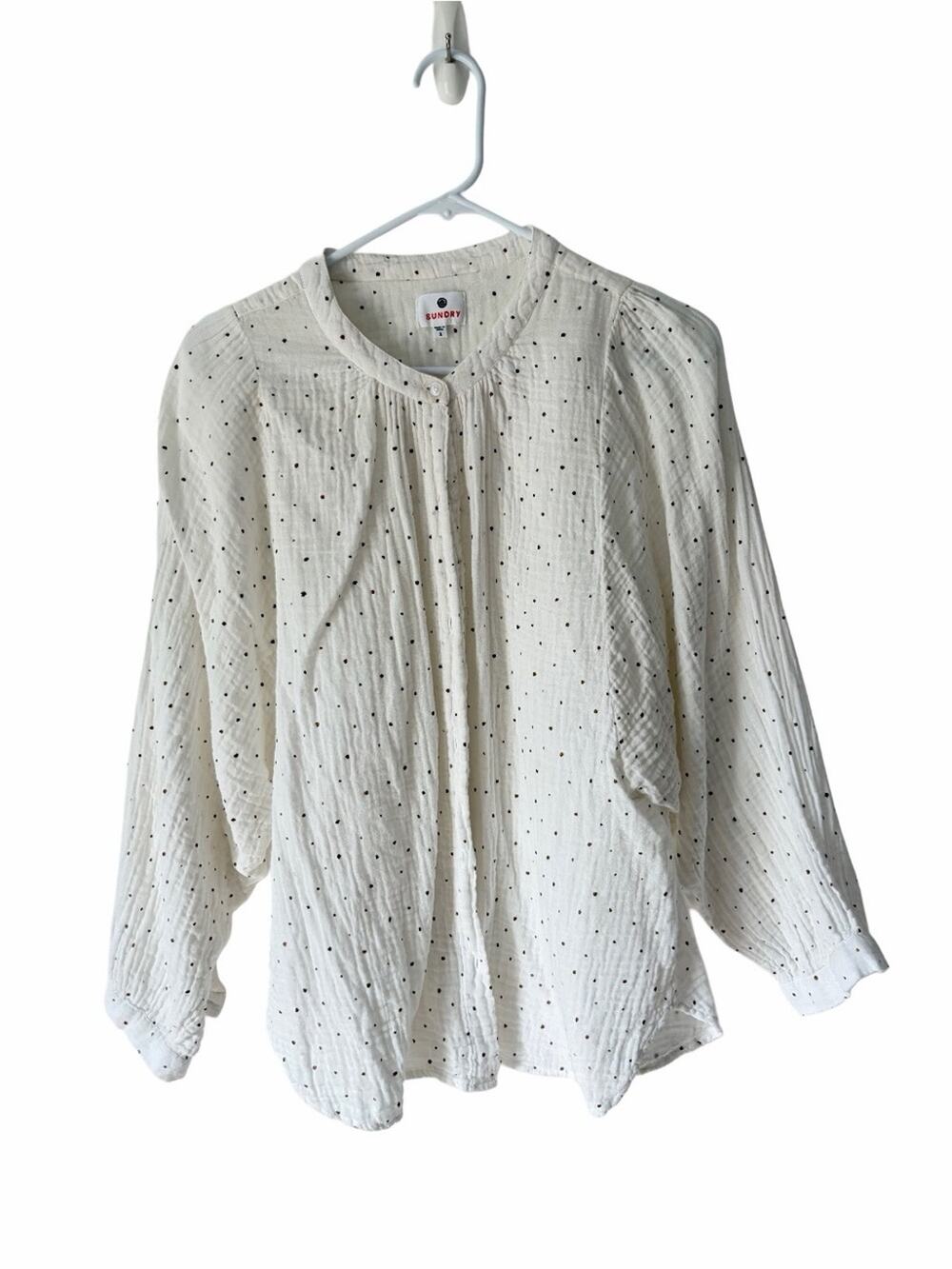 Sundry Cottagecore Polka Dot Gauzy Cotton White Brown Button Down Blouse Medium